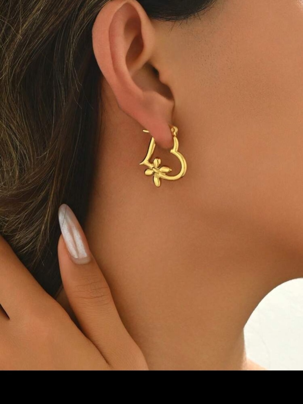 Gold Floral Heart Hoop Earrings for Women